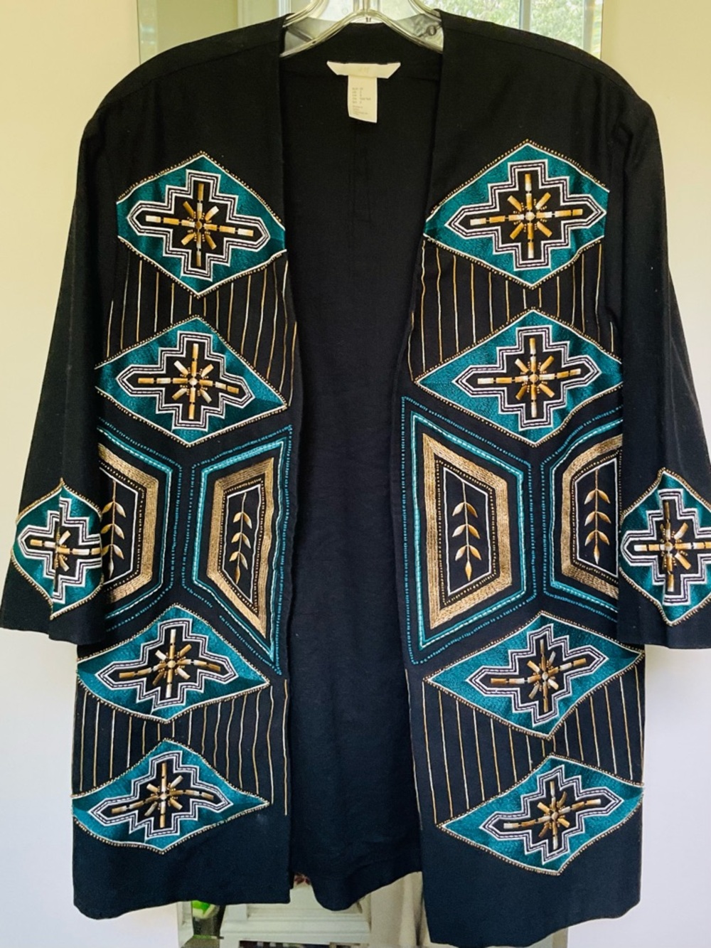 H&M Black Open-Front Jacket with Teal & Gold Beading